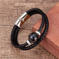 Mens double-layered leather braided bracelet with tiger eye stone and magnetic clasp - Silver-Tiger's Eye