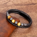 Detailansicht Herren Doppel-Lederarmband mit Tigerauge-Perlen und Magnetverschluss-Design - Gelbbraunes Tigerauge Doppelreihiger Stil (Stil-10)