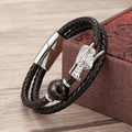 Detail of double-layer black leather bracelet with silver dragon head and tiger eye stone - Silver Dragon Head/Magnetic Clasp / Silver-Blue Tiger Eye