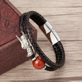 Men's double-layered braided leather bracelet with silver dragon head and red stone bead - Silver Dragon Head/Magnetic Clasp / Silver - Red Agate