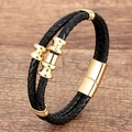 Classic double-layer braided black leather bracelet with golden metal accents on wood - Gold Metal Accents (Style-4)