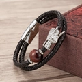 Men's double-layered leather dragon bracelet with tiger eye bead and magnetic clasp - Silver Dragon Head/Magnetic Clasp / Silver-Red Tiger Eye