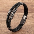 Double-layer braided black leather bracelet for men with gunmetal magnetic clasp on wood - Gunmetal Metal Accents (Style-3)