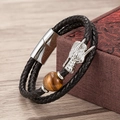 Close-up of a double-layer black leather bracelet with a silver dragon head and tiger eye stone - Gold Dragon Head/Magnetic Clasp / Gold-Tiger's Eye