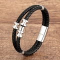 Classic double-layer braided black leather bracelet with stainless steel magnetic clasp - Silver Metal Accents (Style-2)