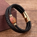 Close-up of double-layer black braided leather bracelet with red jasper and gold magnetic clasp - Reddish Brown Freeform Stone Style (Gold-6)