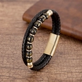 Details des geflochtenen Lederarmbands mit Goldverschluss und schwarzen Perlen - Gold Schwarzer Onyx Stil (Gold-1)