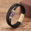 Detailed macro view of woven leather bracelet with purple gemstone and magnetic clasp - Purple Natural Stone Style (Gold-10)