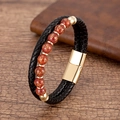 Herren Vintage Lederarmband mehrlagig geflochten mit roten Perlen und goldener Magnetschließe - Gold Roter Achat Stil (Gold-4)