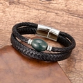 Macro detail of men's leather bracelet with green stone and magnetic steel clasp - Dark Green Ore Style (Silver-1)