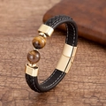 Détail du bracelet en cuir tressé avec pierres oeil de tigre et fermoir magnétique doré - Œil de Tigre (Boucle Dorée)