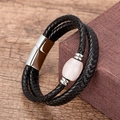 Detail of double-layer black woven leather bracelet with pink stone and magnetic clasp - Pink Stone Bead Style (Silver-5)