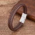 Bracelet en cuir tressé marron pour homme avec surpiqûres et fermoir magnétique - Marron