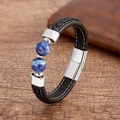 Détail du bracelet en cuir tressé avec pierres naturelles bleues et fermoir en acier - Lapis-Lazuli (Boucle Argentée)