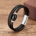 Close-up of black braided leather double-loop bracelet with silver magnetic metal clasp - Black Barrel Bead Style (Silver-9)