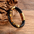 Detail of tiger eye stone beads and black braided leather strap on a wood texture - Smooth Tiger's Eye Style (Style-P)
