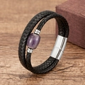 Fashionable braided leather bracelet with purple stone and silver magnetic clasp - Purple Ore Style (Silver-10)