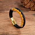 Double-layer braided leather bracelet with 8mm amber beads and polished magnetic clasp - Amber-Like Agate Style (Style-O)