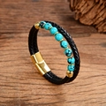 Detail of double-layer bracelet with black braided leather and turquoise stone beads - Green Blue Turquoise Style M