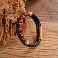 Close-up of double-layer black leather woven bracelet with tiger eye beads and magnetic clasp - Red Tiger's Eye Style (Style-L)