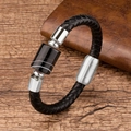 Detail of black braided leather bracelet with silver magnetic clasp and striped beads - Textured Black Bead / Silver