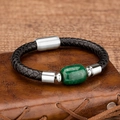 Vintage woven leather bracelet with silver magnetic clasp and large green oval gemstone - Green Main Stone / Silver