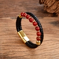 Detail of double-layer black braided leather bracelet with red beads and golden magnetic clasp - Red Agate Style (Style-K)