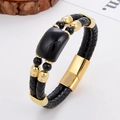 Bracciale da uomo in pelle nera intrecciata a doppio strato con pietra e chiusura dorata - Stile Agata Nera (Stile-2)