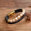Detail of double-layer black braided leather bracelet with pink stone beads and gold clasp - Artificial Pearl Style (Style-J)