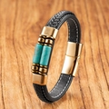 Men's black leather braided bracelet with gold magnetic clasp and turquoise stones - Turquoise - Gold Clasp