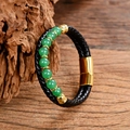 Detail of black braided leather bracelet with emerald green beads and gold magnetic clasp - Emerald Green Agate (Style F)