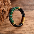 Detail of double-layer black leather bracelet with green stone beads and golden clasp - Green Agate Style (Style-E)