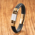 Men's black braided leather bracelet with white stones and gold magnetic buckle - White Agate - Gold Clasp