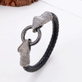 Detail of hand-woven black leather bracelet with antique silver snake head clasps - Snake Head Ring Clasp (Style-3)
