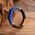 Schwarzes geflochtenes Lederarmband mit blauen Steinperlen und goldenem Magnetverschluss - Hellblauer Türkis Stil (款式-B)