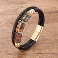 Detail of multi-layer braided leather bracelet with natural tiger eye stone and gold clasp - Gold-C