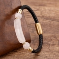 Detail of braided black leather bracelet with pink stone beads and gold magnetic clasp - Gold - Rose Quartz