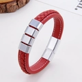 Braided red leather bracelet with silver metal magnetic clasp and white stitching detail - Red (Silver Clasp-1)