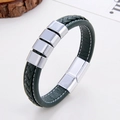 Detail of dark green braided leather bracelet with silver magnetic buckle and metal decor - Deep Green (Silver Clasp-2)