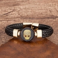Men's punk skull bracelet with black woven leather and gold magnetic clasp - Gold Style 1