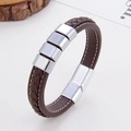 Close-up of brown braided leather bracelet with silver magnetic clasp on wooden base - Dark Brown (Silver Clasp-3)