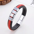 Close-up of black and red braided leather bracelet with silver magnetic metal clasp - Black & Red Mixed (Silver Clasp-4)