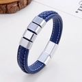 Macro shot of dark blue braided leather bracelet featuring polished silver magnetic clasp - Deep Blue (Silver Clasp-5)