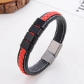 Braided leather bracelet with red woven cord and magnetic metal clasp in 45-degree view - Black (Black Clasp-1)