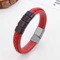 Detail of red braided leather bracelet with black accents and metallic magnetic clasp - Red & Black Mixed (Black Clasp-2)