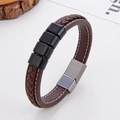 Close-up of brown braided leather bracelet with black square beads and magnetic metal clasp - Brown (Black Clasp-3)