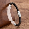 Detail of woven leather bracelet featuring pink crystal beads and a magnetic clasp - Silver - Rose Quartz
