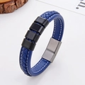 Detail view of blue braided leather men's bracelet with square slides and magnetic clasp - Deep Blue (Black Clasp-5)