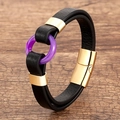 Detail of black braided leather bracelet with purple ring and gold magnetic clasp on wood - Gold-G (Purple Ring)