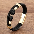 Dettaglio del bracciale in pelle nera a doppio strato con chiusura magnetica e perline dorate - Pietra a Goccia Nera Lucida (SL-107)